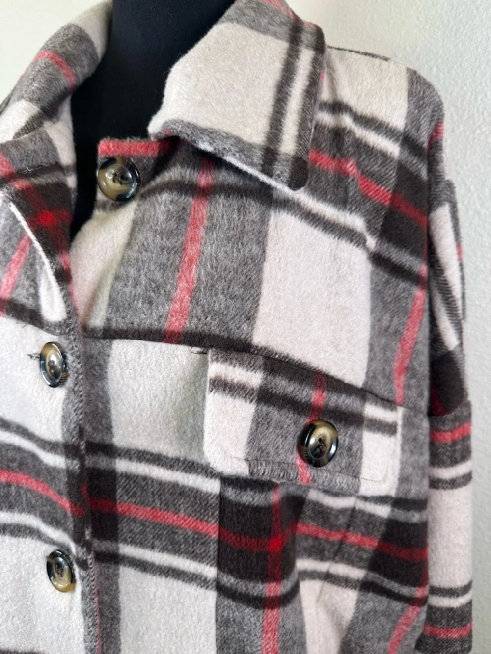 #147 - LuLaRoe Plaid Utility Shacket in Gray, White & Red - Picture 4 of 13